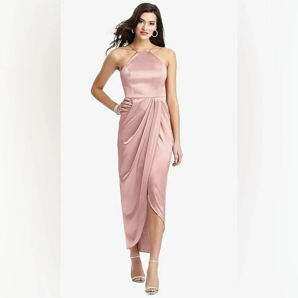 After Six Women Size 12 Rose Pink Charmeuse Halter Midi Dress Drape Tulip Skirt - Picture 1 of 6